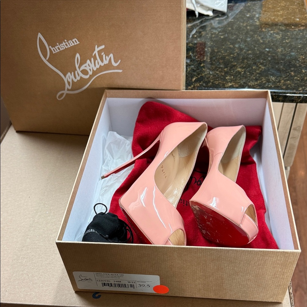 Christian Louboutin Blush Pink Patent Peep-Toe Stilettos Size 39.5